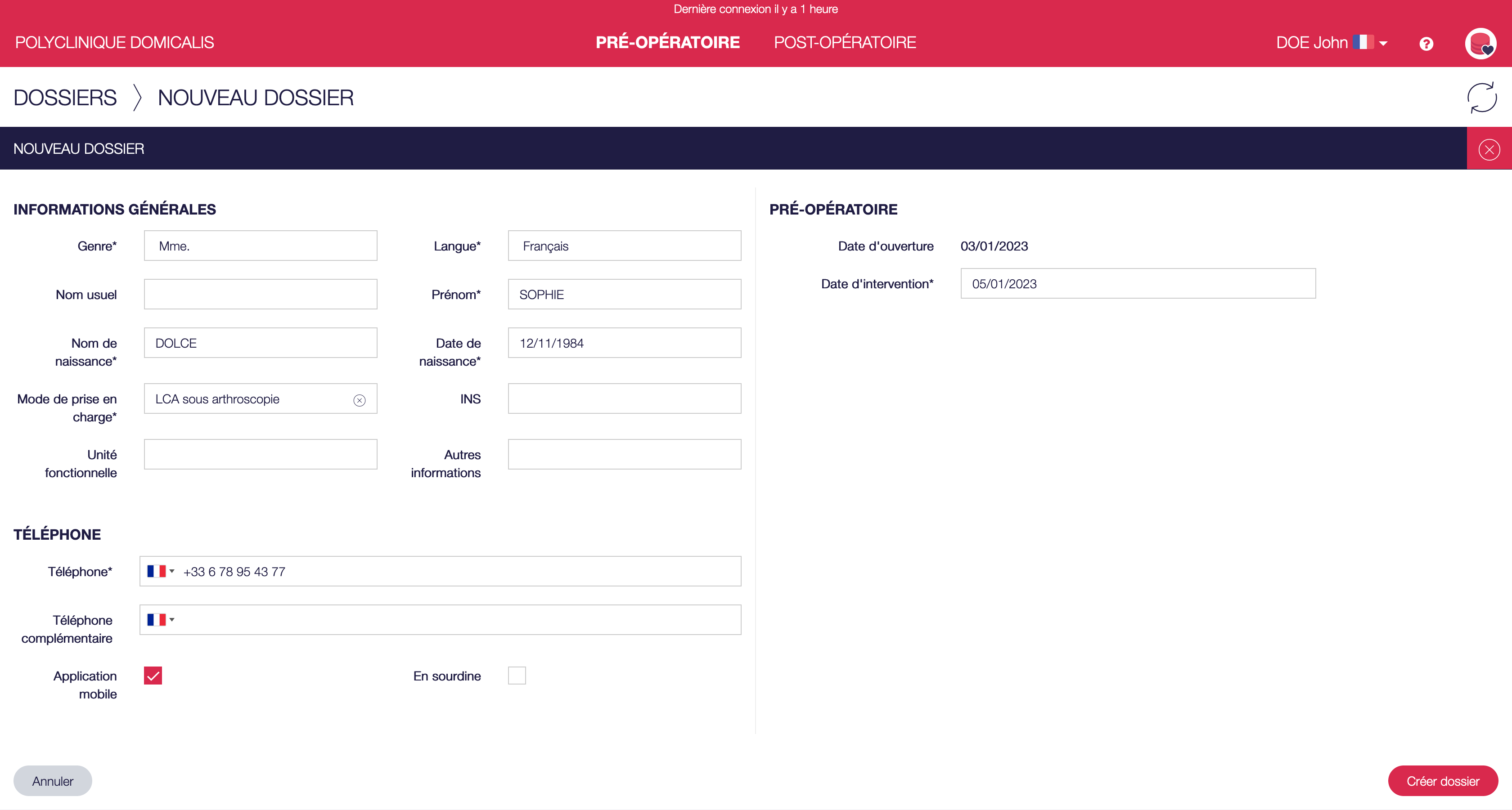 Page de création d’un nouveau dossier