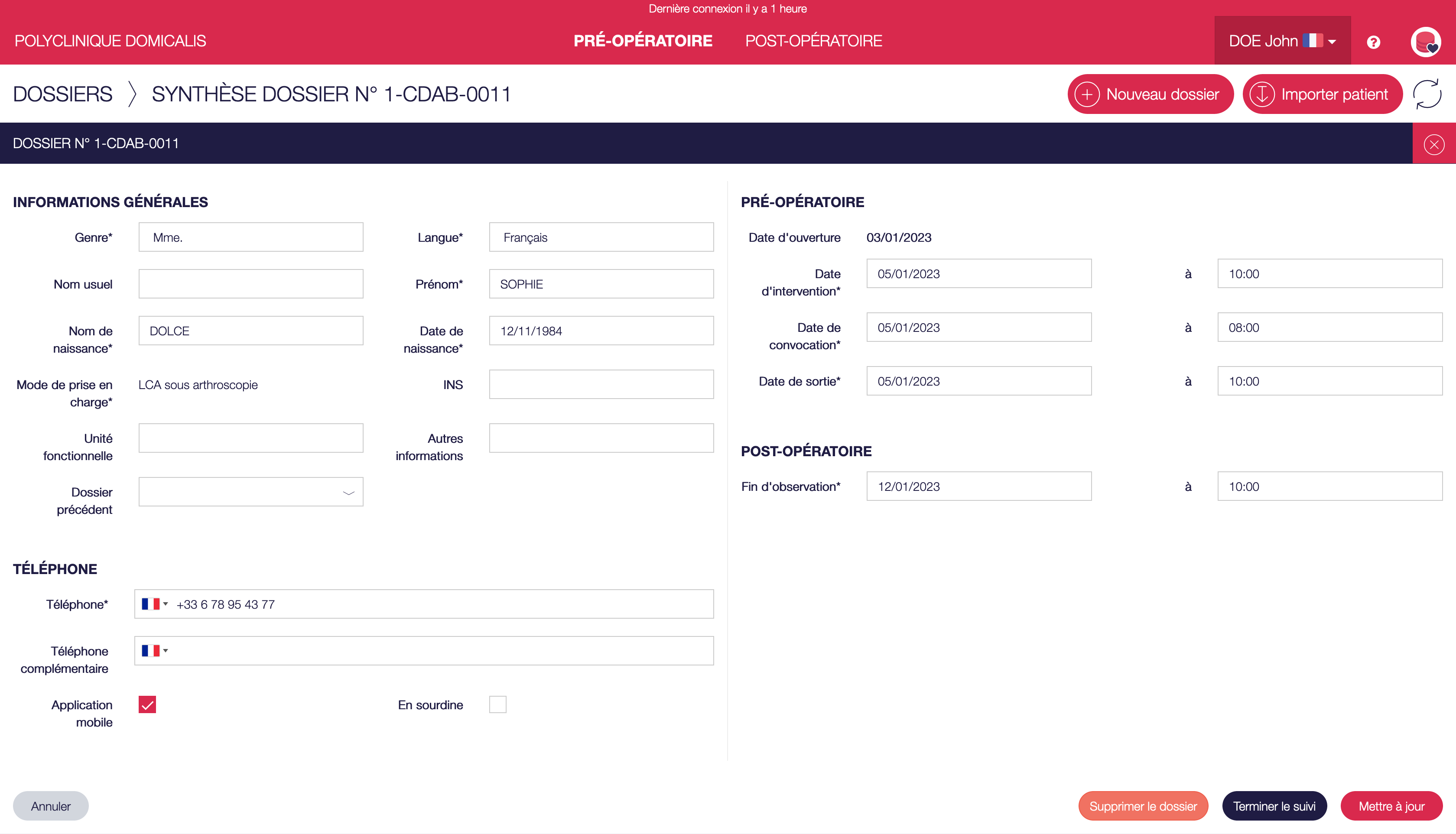 Page de mise à jour du dossier - depuis la page de détail du dossier